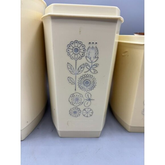 Vintage 1970s Lustroware 3 Pc Canister Set Plastic Floral Beige Nesting - Picture 4 of 11